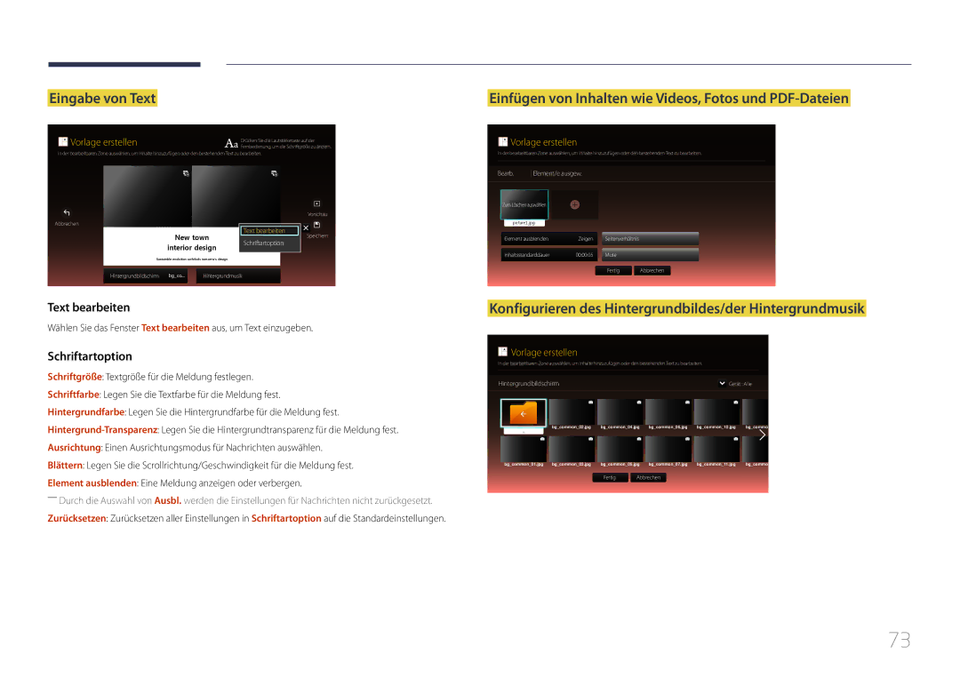 Samsung LH10DBEPEBB/EN, LH10DBEPTGC/EN manual Eingabe von Text, Konfigurieren des Hintergrundbildes/der Hintergrundmusik 