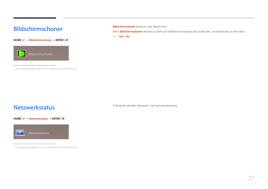 Samsung LH10DBEPPBB/EN, LH10DBEPTGC/EN, LH10DBEPEBB/EN manual Bildschirmschoner, Netzwerkstatus 