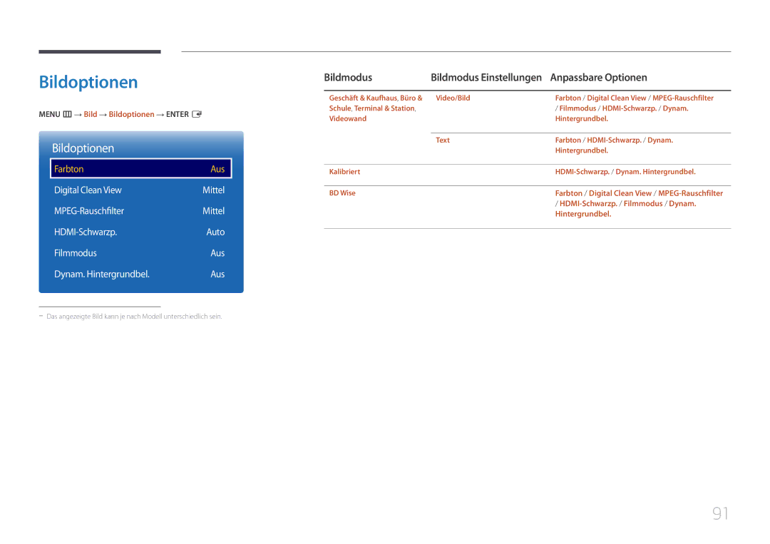 Samsung LH10DBEPEBB/EN manual Menu m → Bild → Bildoptionen → Enter E, HDMI-Schwarzp. /Filmmodus / Dynam, Hintergrundbel 