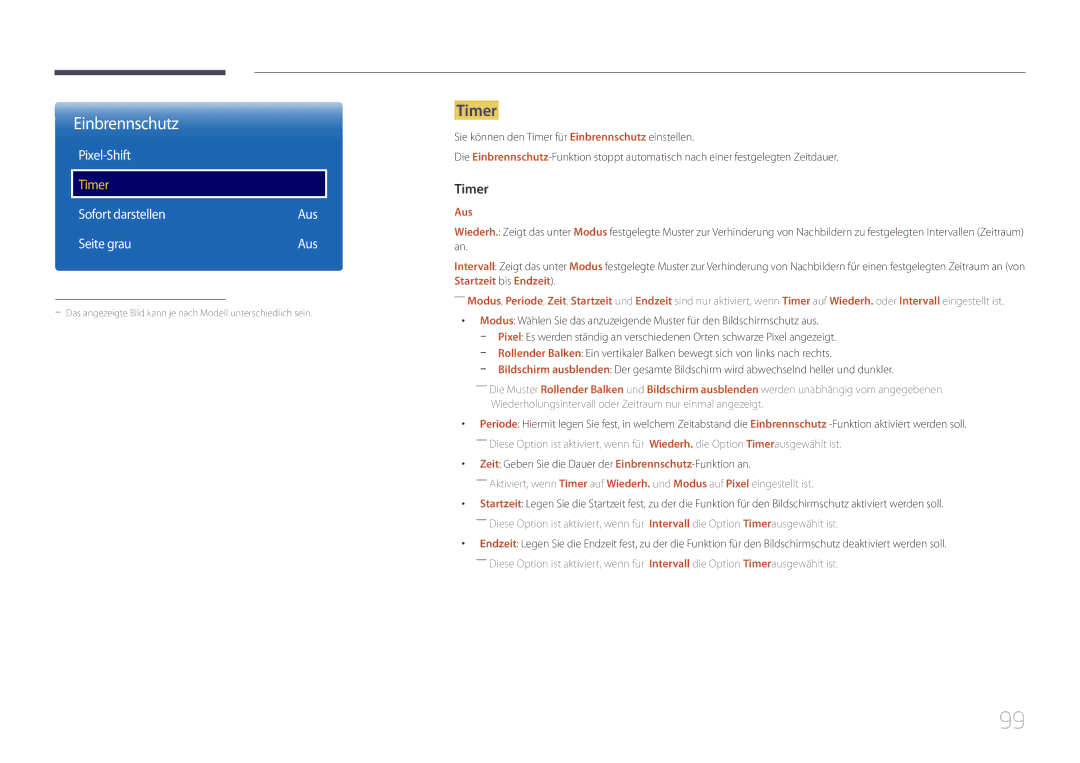 Samsung LH10DBEPTGC/EN, LH10DBEPEBB/EN, LH10DBEPPBB/EN Einbrennschutz, Timer, Pixel-Shift, Sofort darstellen, Seite grau 