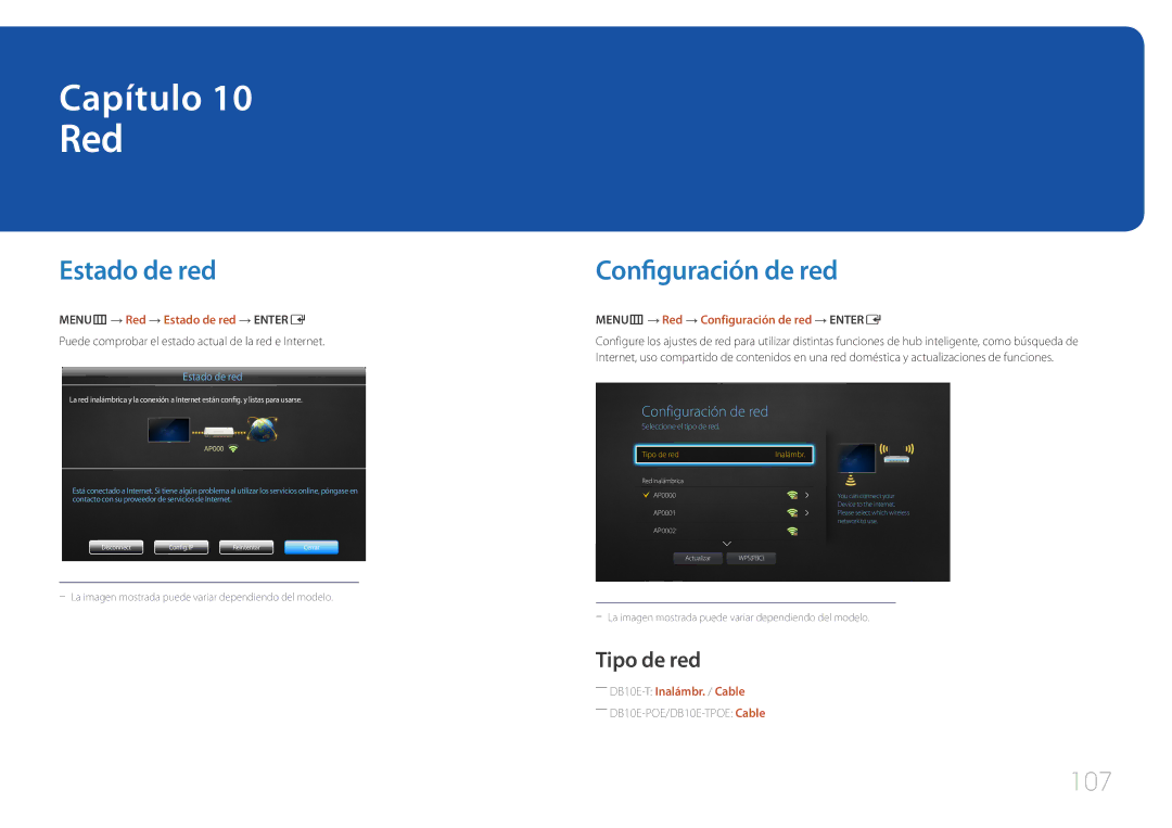 Samsung LH10DBEPPBB/EN, LH10DBEPTGC/EN, LH10DBEPEBB/EN manual Red, Configuración de red, 107, Tipo de red 