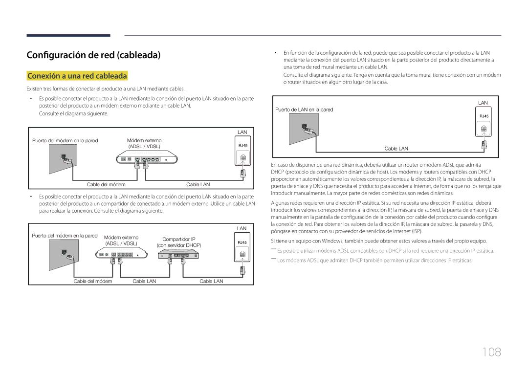 Samsung LH10DBEPTGC/EN, LH10DBEPEBB/EN, LH10DBEPPBB/EN manual 108, Configuración de red cableada, Conexión a una red cableada 