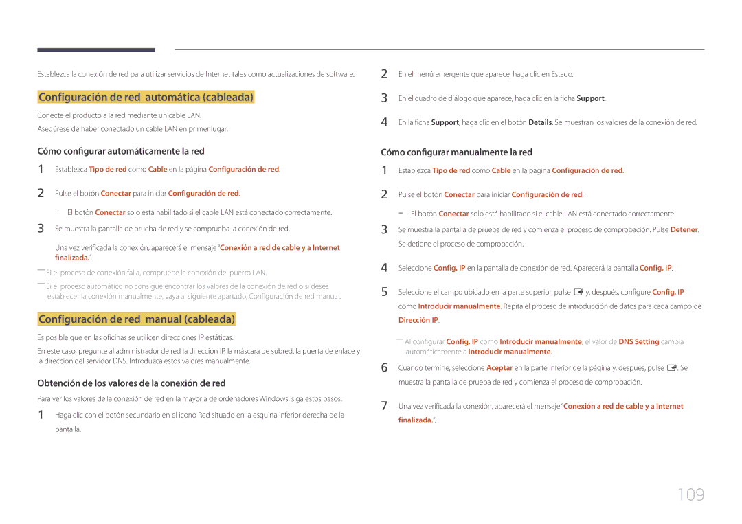 Samsung LH10DBEPEBB/EN, LH10DBEPTGC/EN 109, Configuración de red automática cableada, Configuración de red manual cableada 