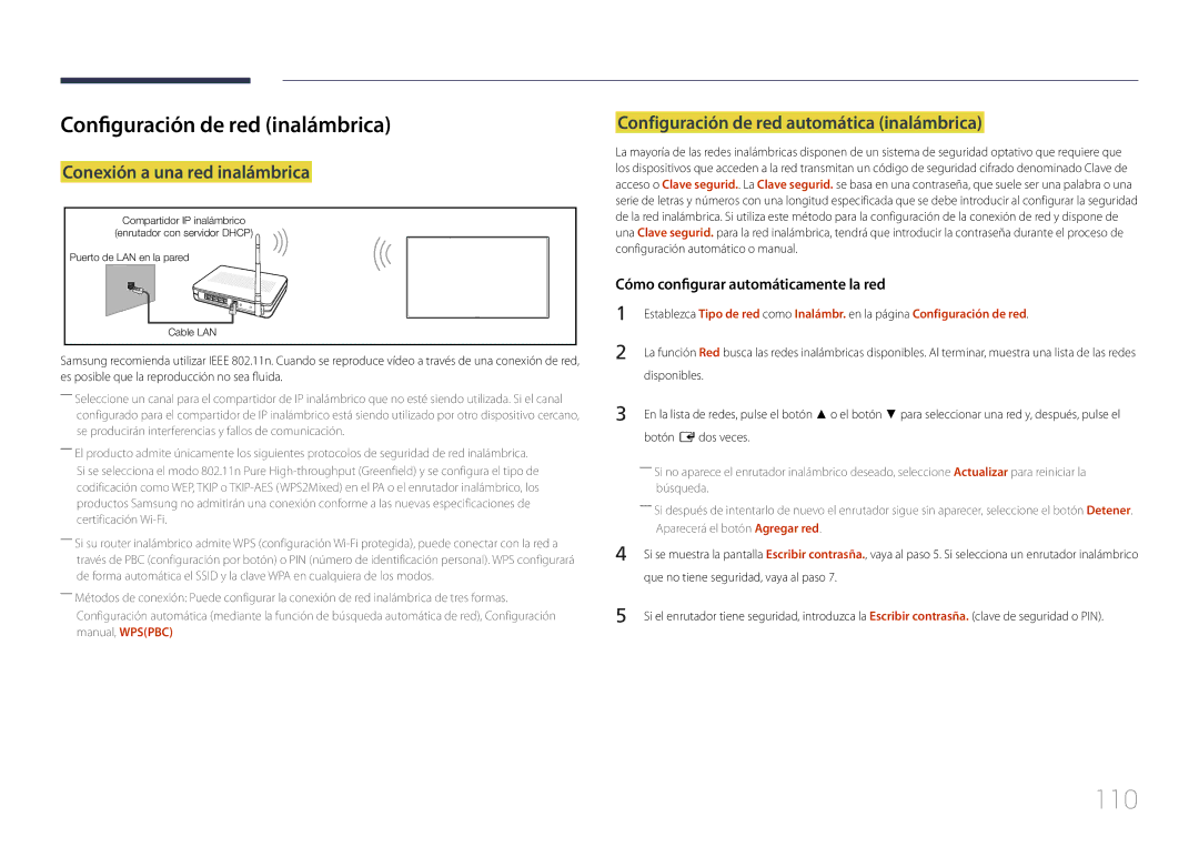 Samsung LH10DBEPPBB/EN, LH10DBEPTGC/EN 110, Configuración de red inalámbrica, Configuración de red automática inalámbrica 