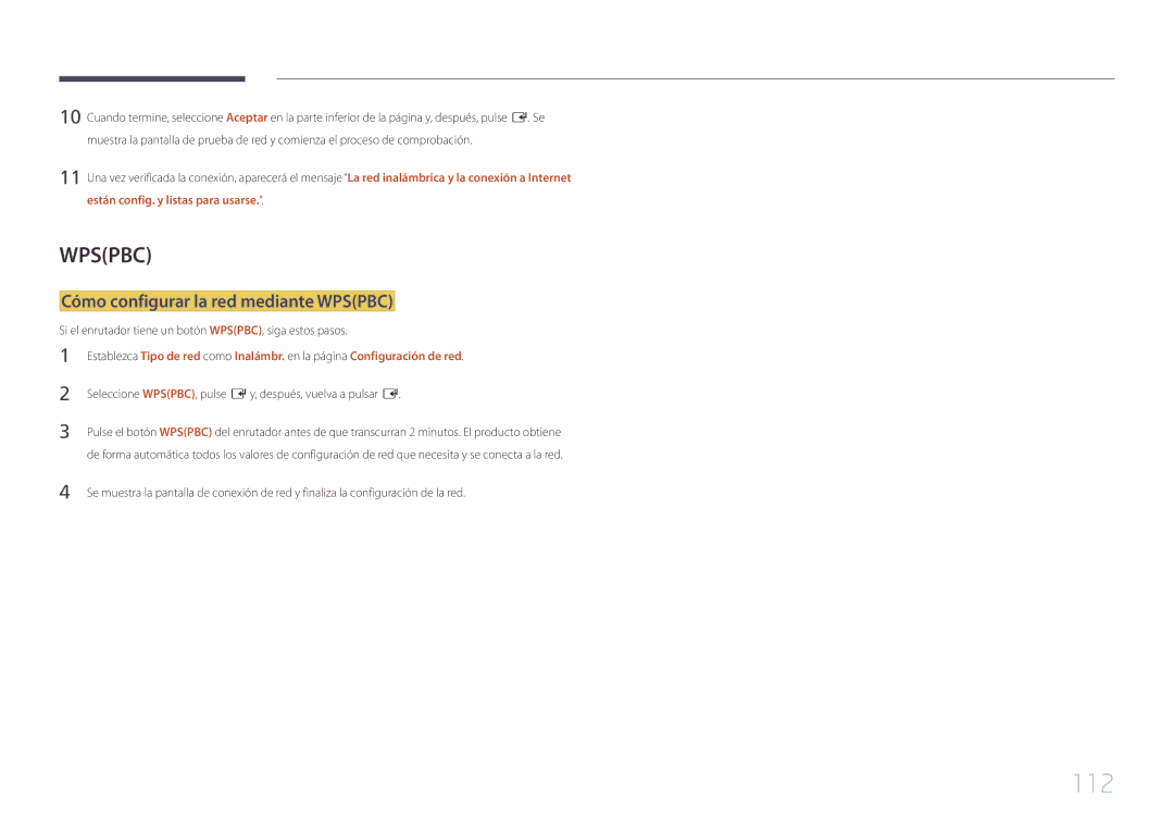 Samsung LH10DBEPEBB/EN, LH10DBEPTGC/EN, LH10DBEPPBB/EN manual 112, Cómo configurar la red mediante Wpspbc 