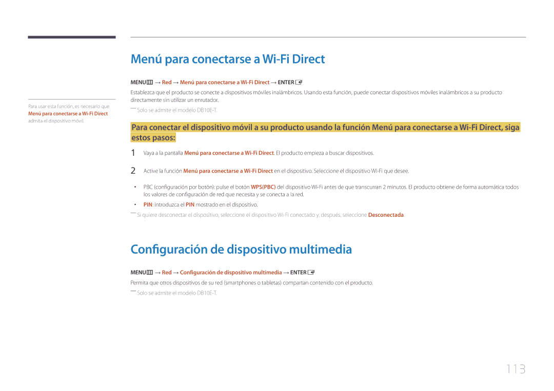 Samsung LH10DBEPPBB/EN, LH10DBEPTGC/EN Menú para conectarse a Wi-Fi Direct, Configuración de dispositivo multimedia, 113 