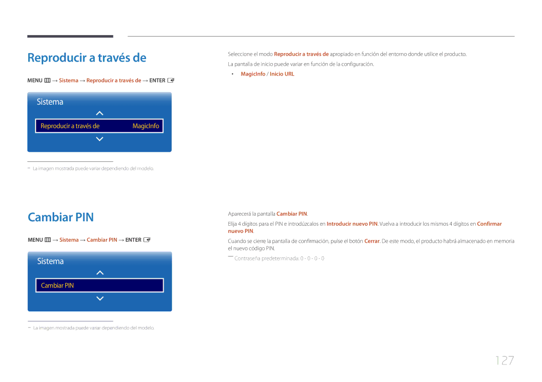 Samsung LH10DBEPEBB/EN, LH10DBEPTGC/EN, LH10DBEPPBB/EN manual Reproducir a través de, Cambiar PIN, 127 