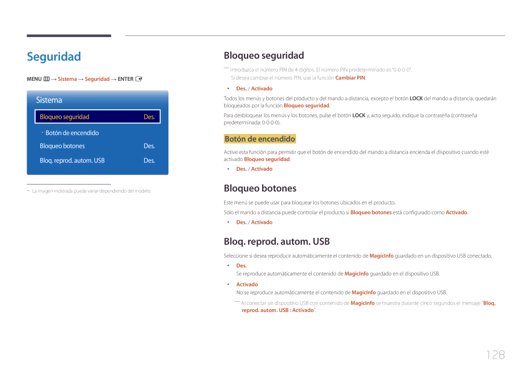 Samsung LH10DBEPPBB/EN, LH10DBEPTGC/EN manual Seguridad, 128, Bloqueo seguridad, Bloqueo botones, Bloq. reprod. autom. USB 