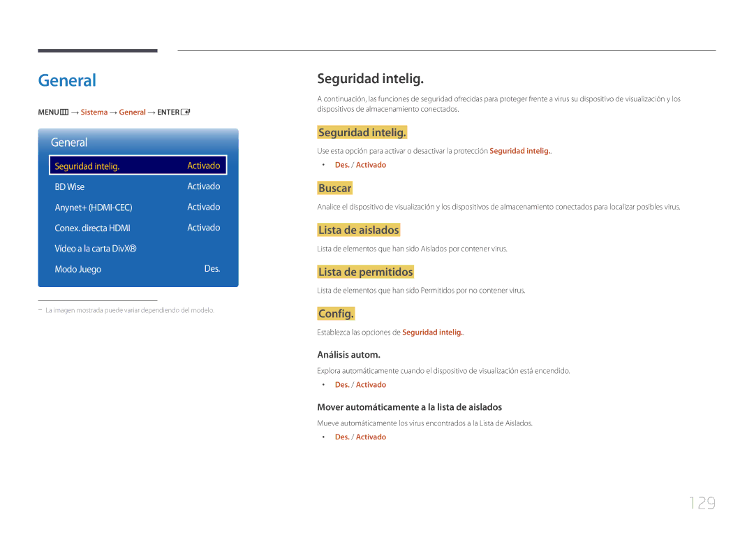 Samsung LH10DBEPTGC/EN, LH10DBEPEBB/EN, LH10DBEPPBB/EN manual General, 129, Seguridad intelig 