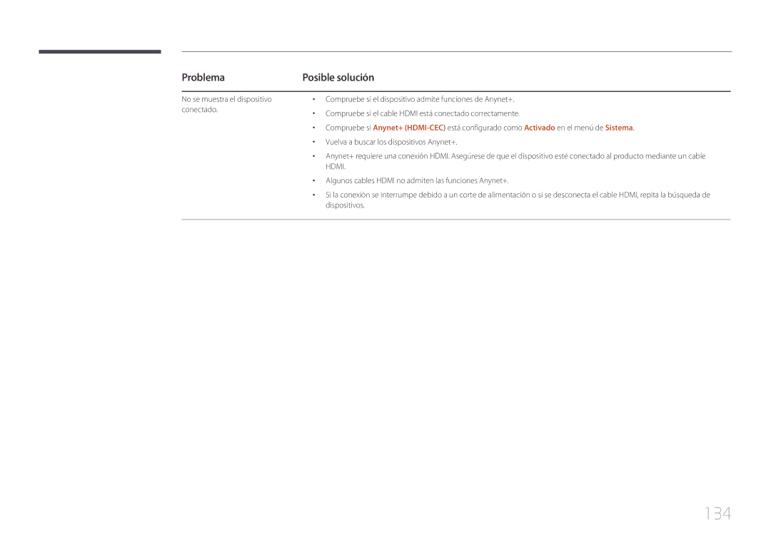 Samsung LH10DBEPPBB/EN, LH10DBEPTGC/EN, LH10DBEPEBB/EN manual 134, Problema 