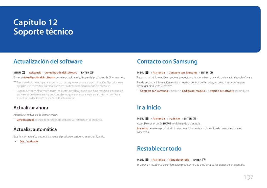 Samsung LH10DBEPPBB/EN Soporte técnico, Actualización del software, Contacto con Samsung, Ir a Inicio, Restablecer todo 