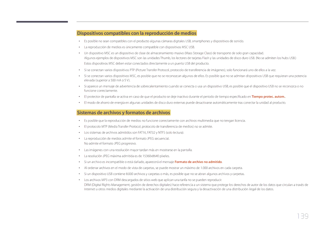 Samsung LH10DBEPEBB/EN, LH10DBEPTGC/EN, LH10DBEPPBB/EN manual 139, Dispositivos compatibles con la reproducción de medios 