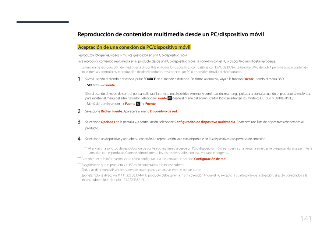 Samsung LH10DBEPTGC/EN, LH10DBEPEBB/EN, LH10DBEPPBB/EN manual 141, Aceptación de una conexión de PC/dispositivo móvil 