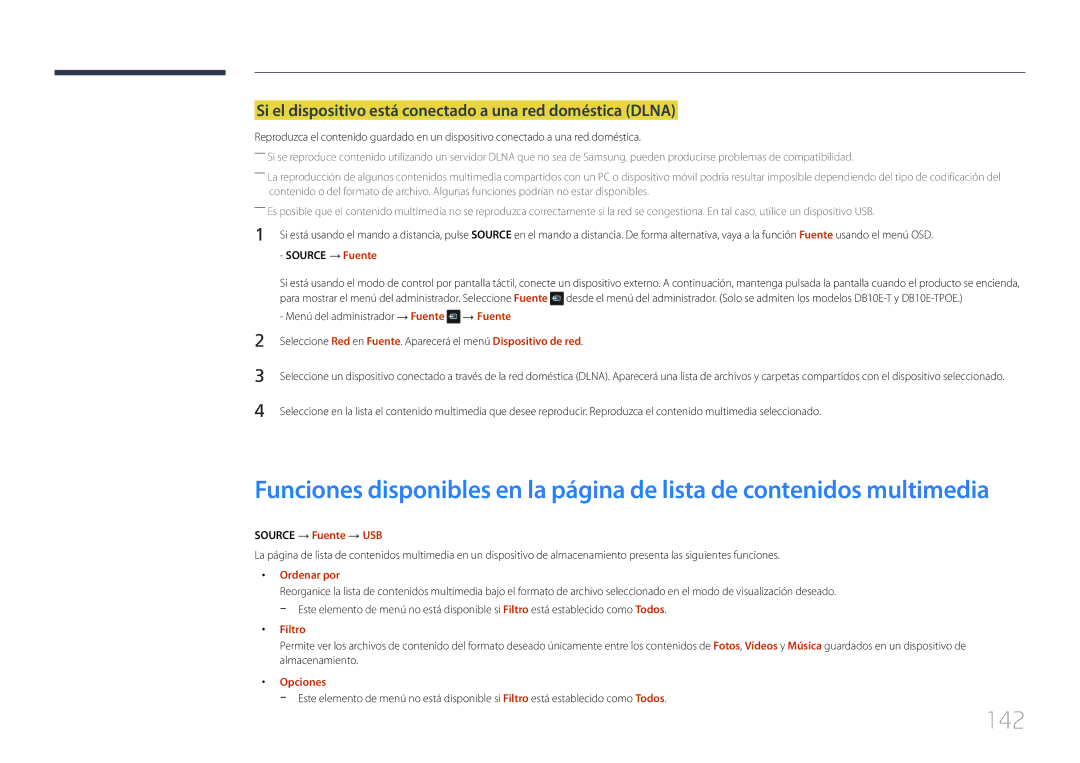 Samsung LH10DBEPEBB/EN manual 142, Si el dispositivo está conectado a una red doméstica Dlna, Source → Fuente → USB 