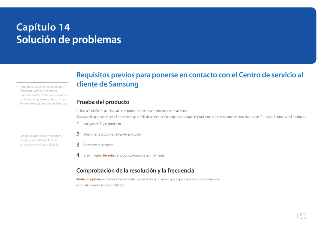 Samsung LH10DBEPTGC/EN Solución de problemas, 150, Prueba del producto, Comprobación de la resolución y la frecuencia 