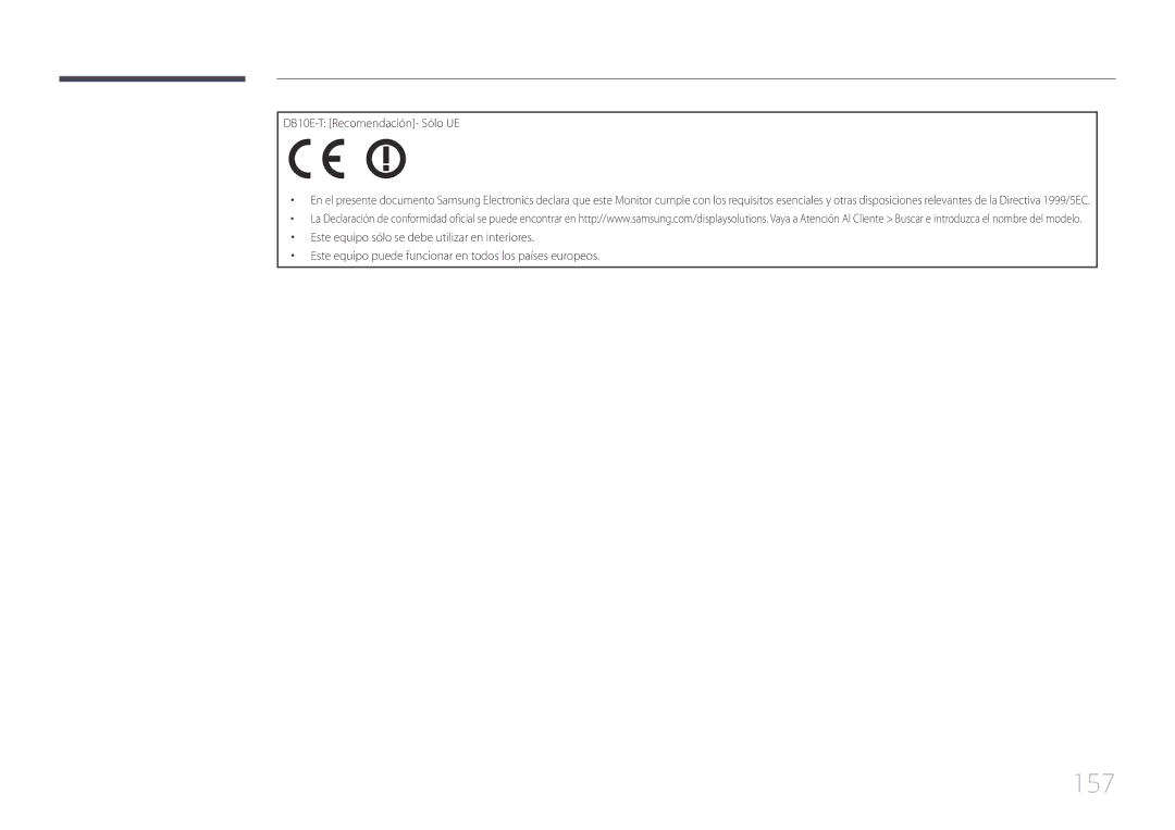 Samsung LH10DBEPEBB/EN, LH10DBEPTGC/EN, LH10DBEPPBB/EN manual 157, DB10E-T Recomendación- Sólo UE 