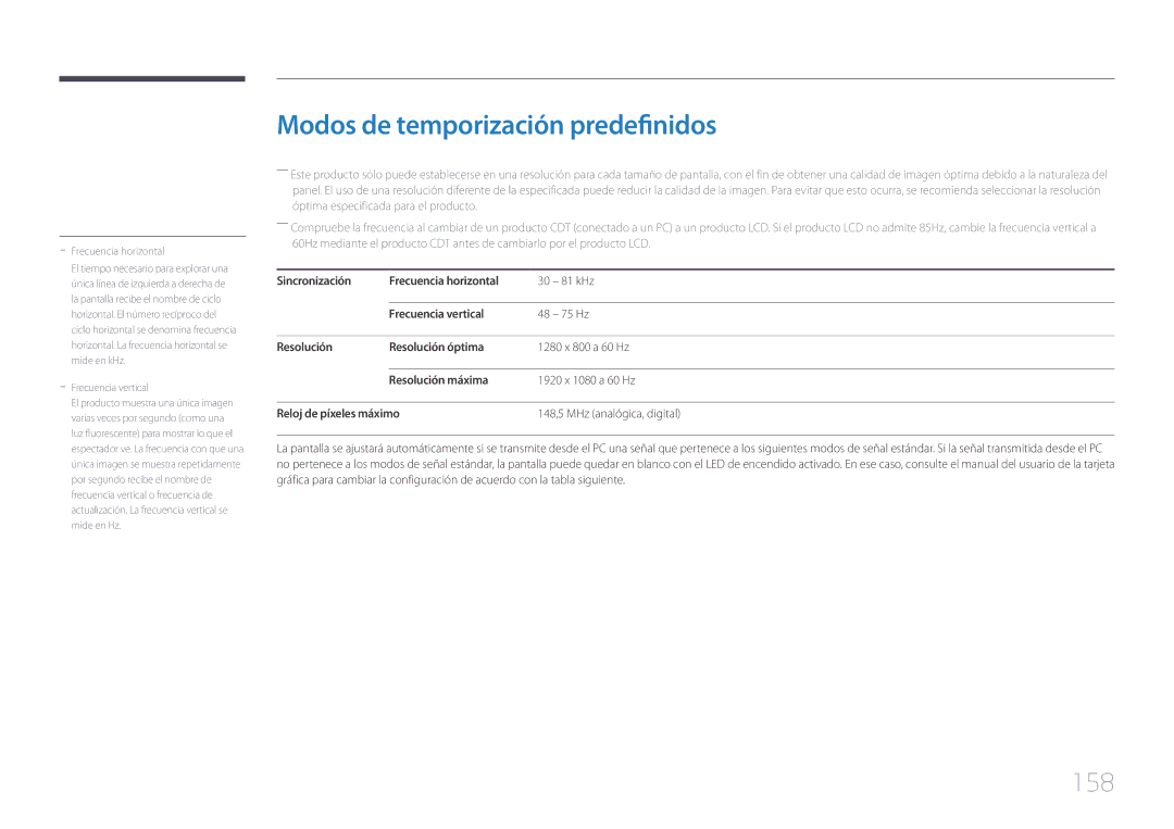 Samsung LH10DBEPPBB/EN, LH10DBEPTGC/EN, LH10DBEPEBB/EN manual Modos de temporización predefinidos, 158 