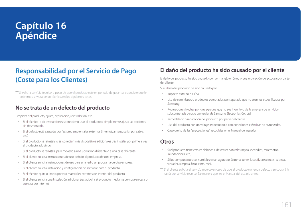 Samsung LH10DBEPPBB/EN, LH10DBEPTGC/EN, LH10DBEPEBB/EN manual Apéndice, 161, No se trata de un defecto del producto, Otros 