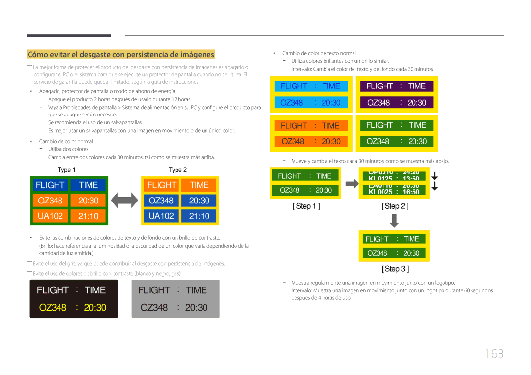 Samsung LH10DBEPEBB/EN, LH10DBEPTGC/EN, LH10DBEPPBB/EN manual 163, Cómo evitar el desgaste con persistencia de imágenes 