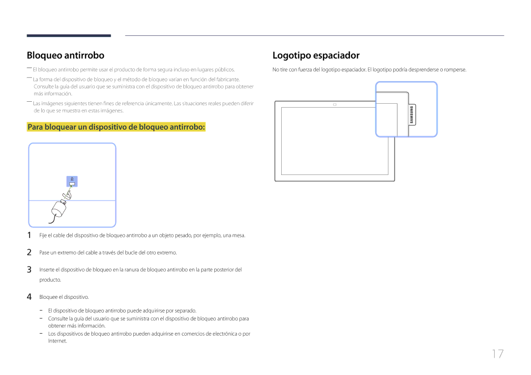 Samsung LH10DBEPPBB/EN, LH10DBEPTGC/EN, LH10DBEPEBB/EN Bloqueo antirrobo, Para bloquear un dispositivo de bloqueo antirrobo 