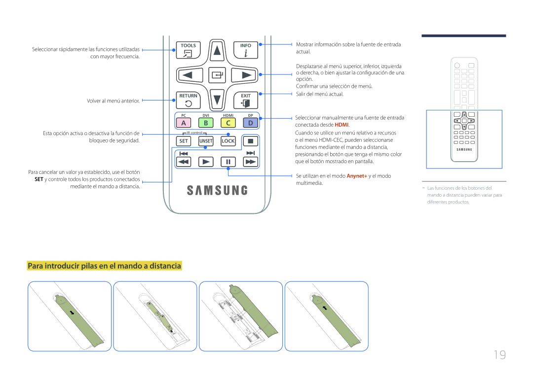 Samsung LH10DBEPEBB/EN manual Para introducir pilas en el mando a distancia, Con mayor frecuencia, Conectada desde Hdmi 