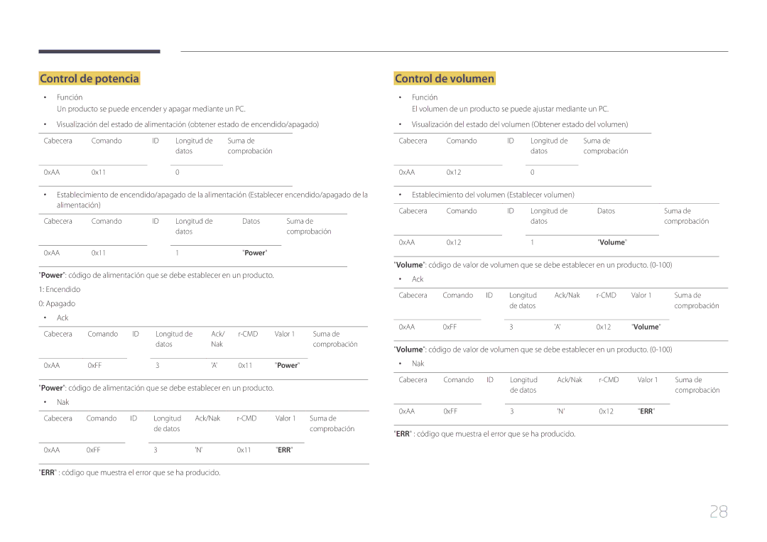 Samsung LH10DBEPEBB/EN manual Control de potencia, Control de volumen, ERR código que muestra el error que se ha producido 