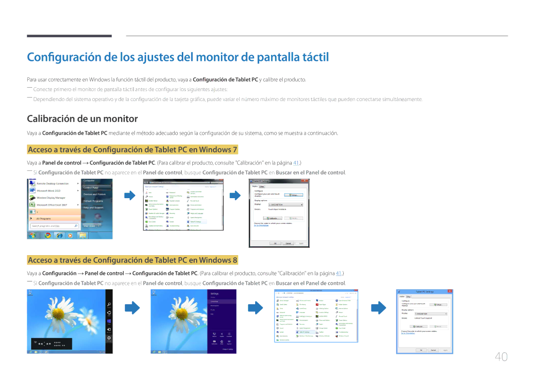 Samsung LH10DBEPEBB/EN manual Configuración de los ajustes del monitor de pantalla táctil, Calibración de un monitor 