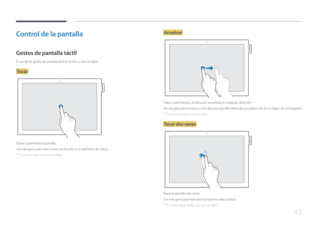 Samsung LH10DBEPEBB/EN, LH10DBEPTGC/EN Control de la pantalla, Gestos de pantalla táctil, Arrastrar, Tocar dos veces 