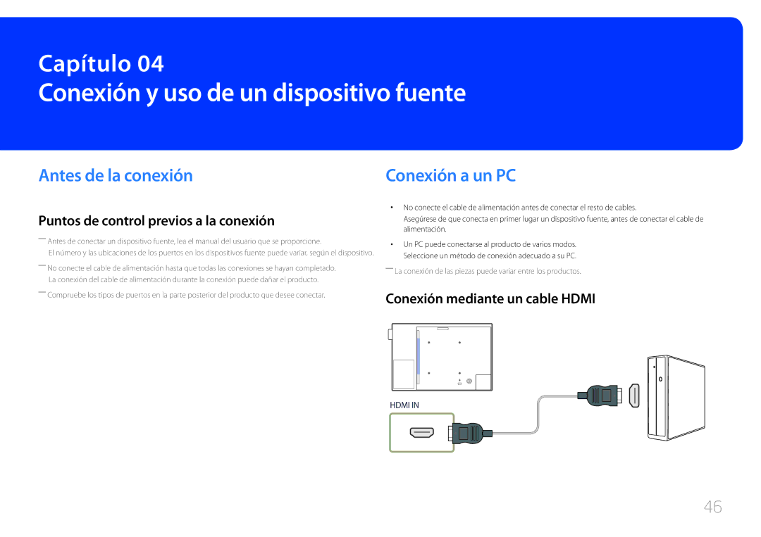 Samsung LH10DBEPEBB/EN Conexión y uso de un dispositivo fuente, Antes de la conexión, Conexión mediante un cable Hdmi 