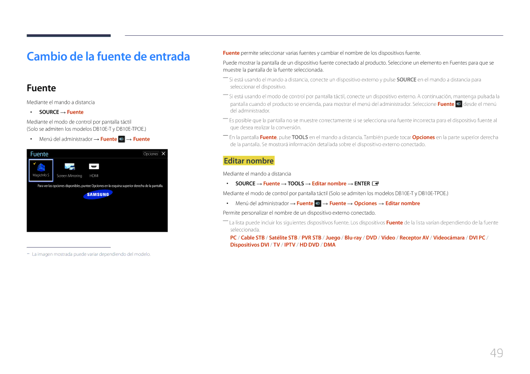 Samsung LH10DBEPEBB/EN, LH10DBEPTGC/EN, LH10DBEPPBB/EN Cambio de la fuente de entrada, Editar nombre, Source → Fuente 