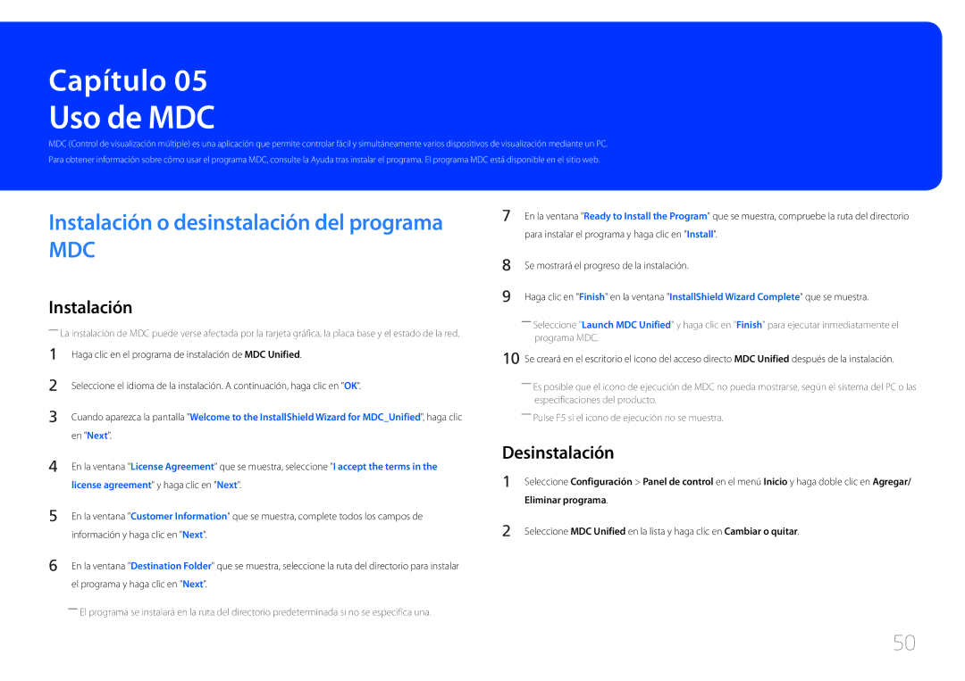 Samsung LH10DBEPPBB/EN, LH10DBEPTGC/EN, LH10DBEPEBB/EN manual Uso de MDC, Desinstalación 