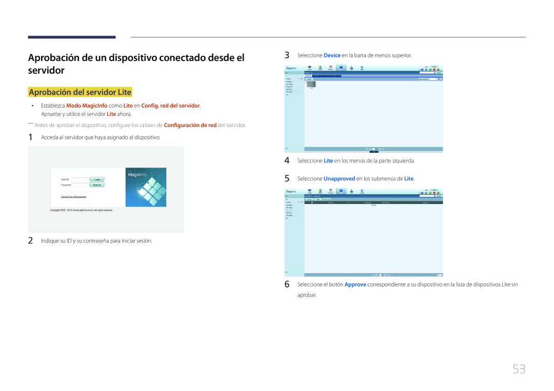 Samsung LH10DBEPPBB/EN manual Aprobación de un dispositivo conectado desde el servidor, Aprobación del servidor Lite 