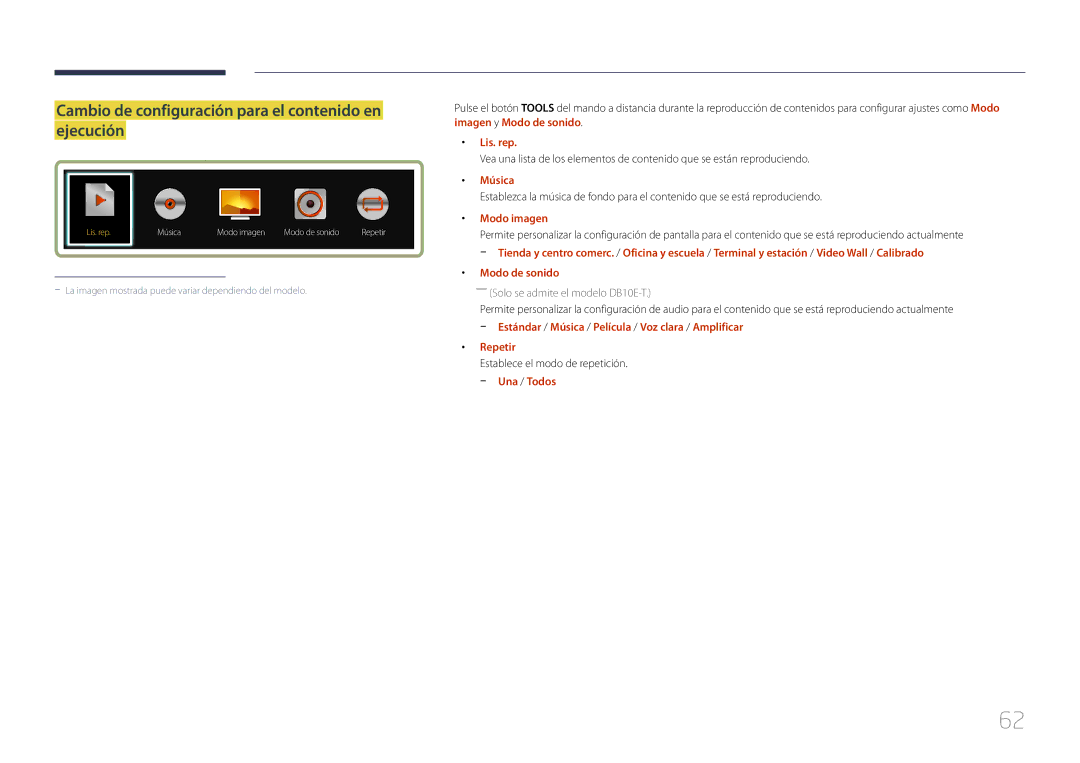 Samsung LH10DBEPPBB/EN manual Cambio de configuración para el contenido en ejecución, Lis. rep, Música, Modo imagen 