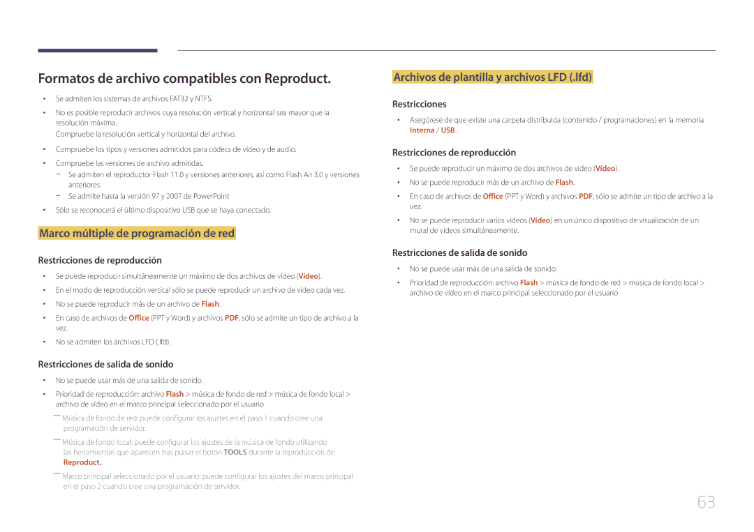 Samsung LH10DBEPTGC/EN manual Formatos de archivo compatibles con Reproduct, Marco múltiple de programación de red 