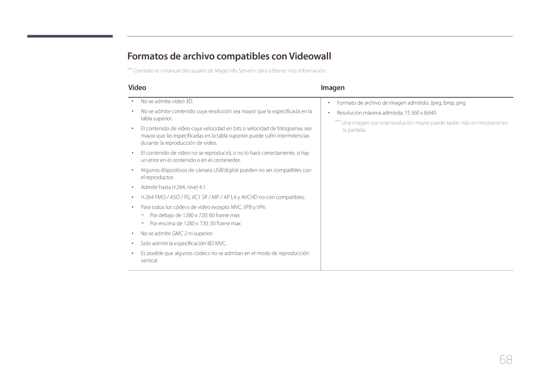 Samsung LH10DBEPPBB/EN, LH10DBEPTGC/EN, LH10DBEPEBB/EN manual Formatos de archivo compatibles con Videowall, Vídeo 