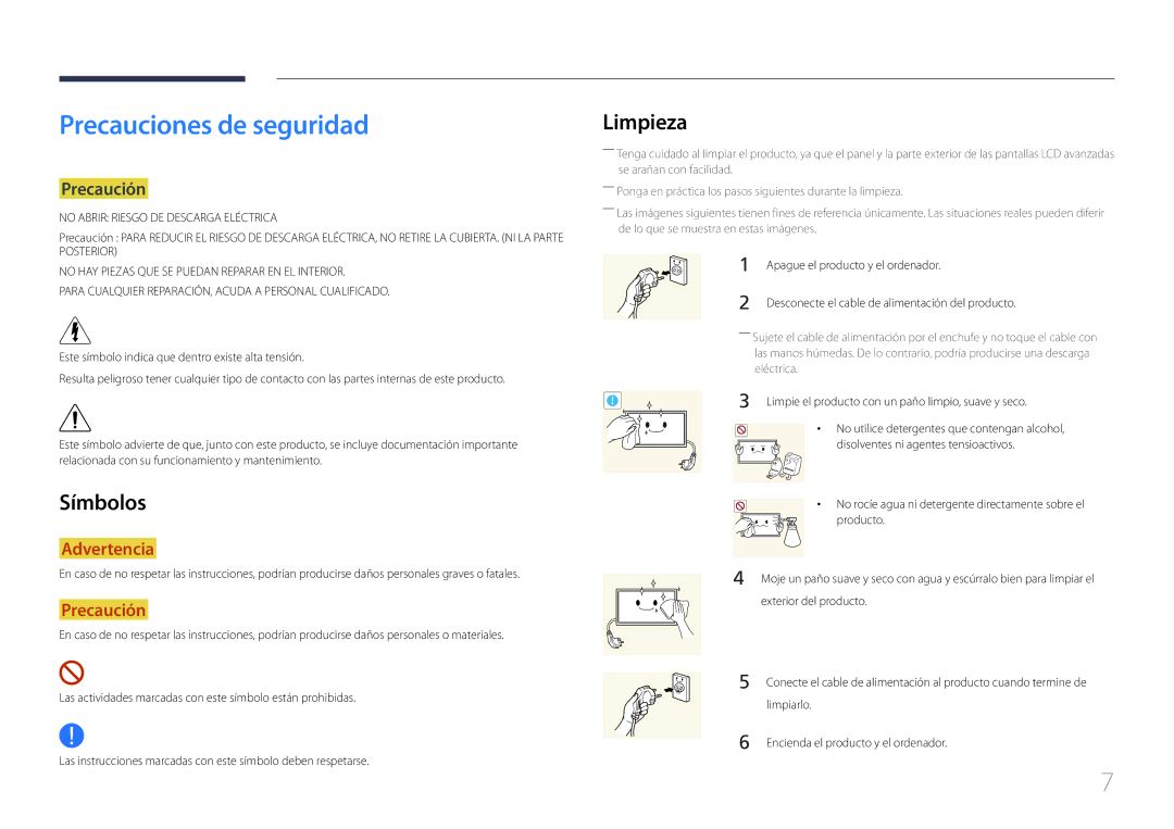 Samsung LH10DBEPEBB/EN, LH10DBEPTGC/EN, LH10DBEPPBB/EN manual Precauciones de seguridad, Símbolos, Limpieza, Precaución 