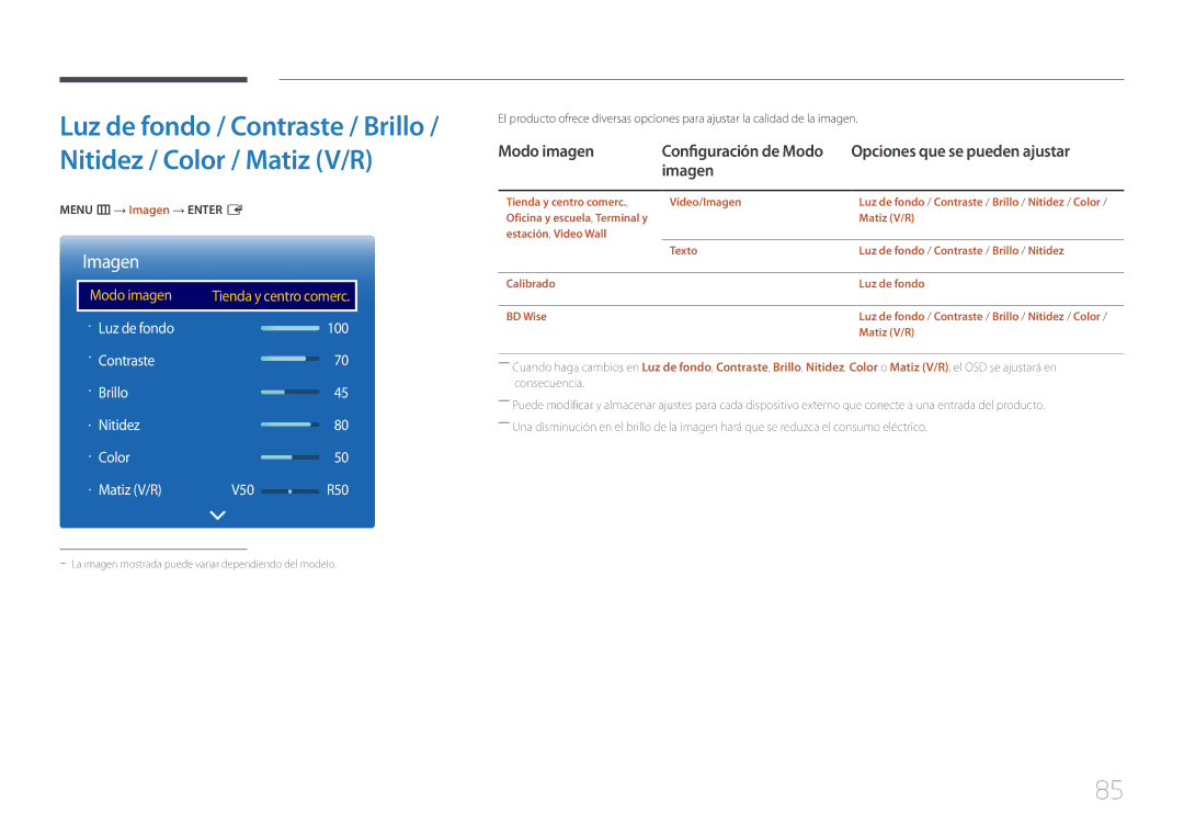 Samsung LH10DBEPEBB/EN, LH10DBEPTGC/EN, LH10DBEPPBB/EN manual Menu m → Imagen → Enter E 