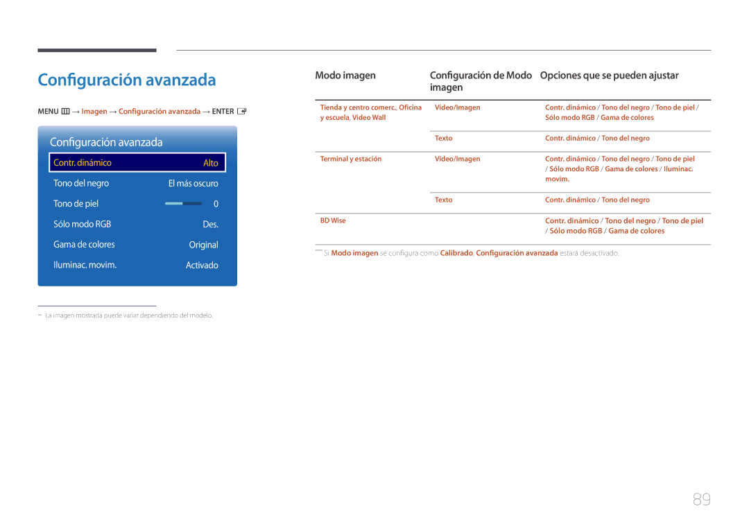 Samsung LH10DBEPPBB/EN, LH10DBEPTGC/EN, LH10DBEPEBB/EN manual Configuración avanzada, Modo imagen, Tono del negro 