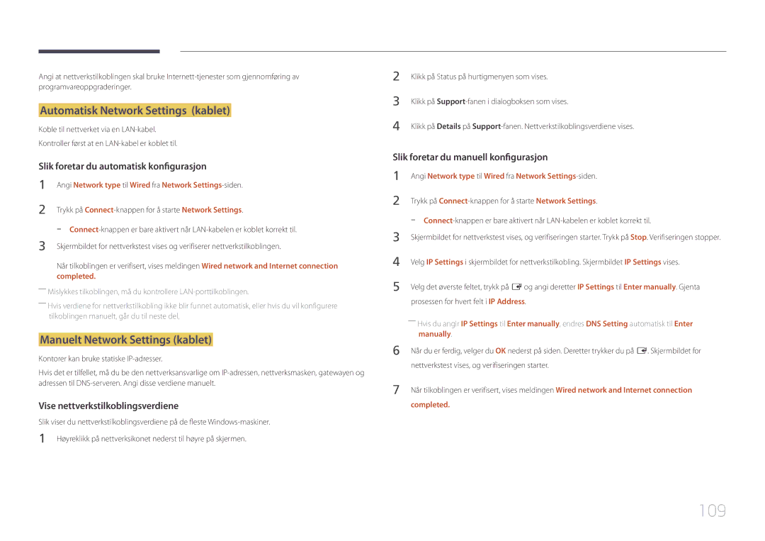 Samsung LH10DBEPEBB/EN, LH10DBEPTGC/EN manual 109, Automatisk Network Settings kablet, Manuelt Network Settings kablet 