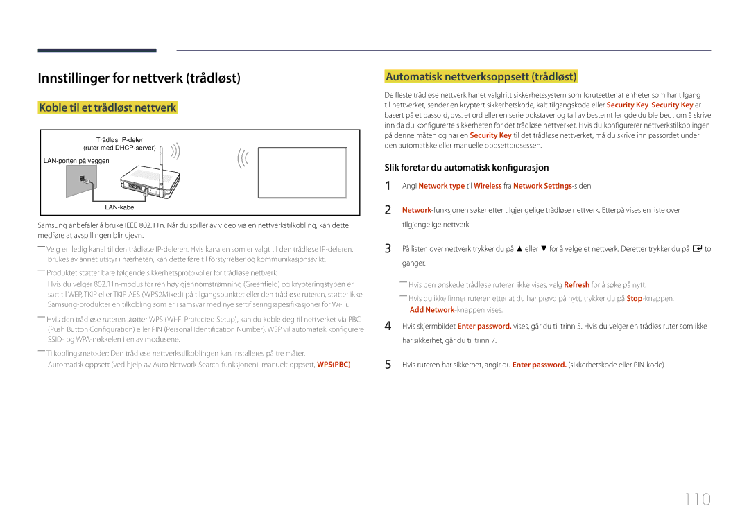 Samsung LH10DBEPPBB/EN, LH10DBEPTGC/EN manual 110, Innstillinger for nettverk trådløst, Koble til et trådløst nettverk 