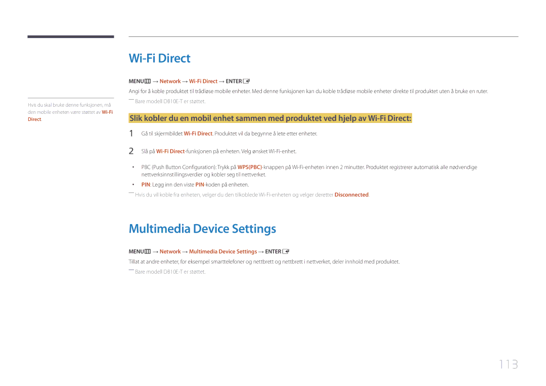 Samsung LH10DBEPPBB/EN, LH10DBEPTGC/EN manual Multimedia Device Settings, 113, MENUm → Network → Wi-Fi Direct → Entere 