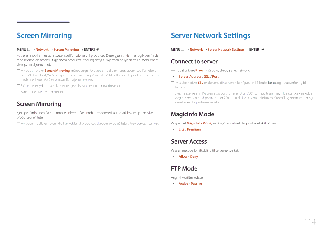 Samsung LH10DBEPTGC/EN, LH10DBEPEBB/EN, LH10DBEPPBB/EN manual Screen Mirroring, Server Network Settings, 114 