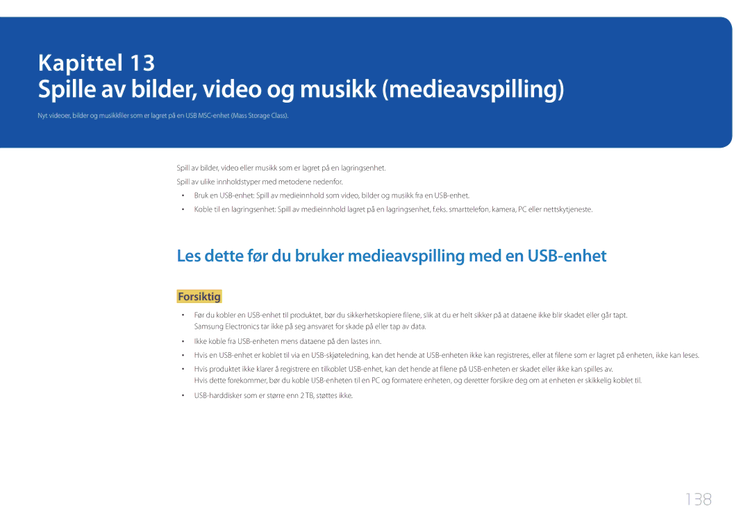 Samsung LH10DBEPTGC/EN, LH10DBEPEBB/EN, LH10DBEPPBB/EN manual Spille av bilder, video og musikk medieavspilling, 138 