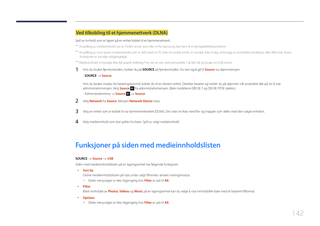 Samsung LH10DBEPEBB/EN manual Funksjoner på siden med medieinnholdslisten, 142, Ved tilkobling til et hjemmenettverk Dlna 