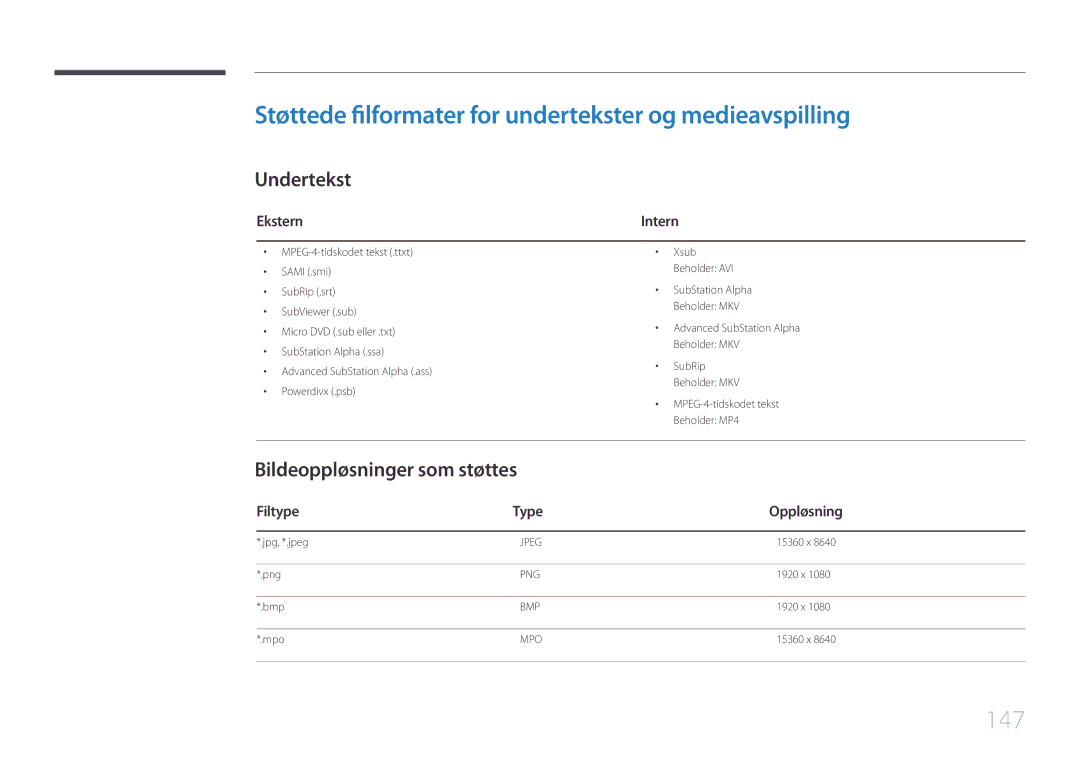 Samsung LH10DBEPTGC/EN, LH10DBEPEBB/EN manual Støttede filformater for undertekster og medieavspilling, 147, Undertekst 