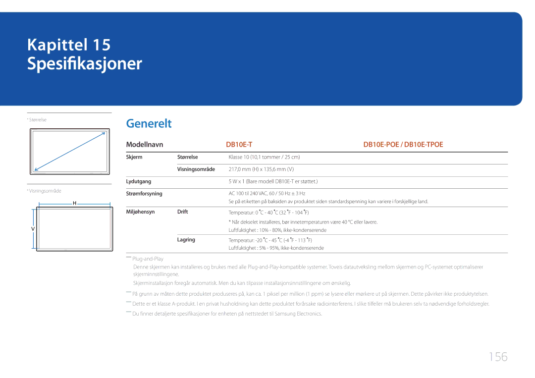 Samsung LH10DBEPTGC/EN, LH10DBEPEBB/EN, LH10DBEPPBB/EN manual Spesifikasjoner, Generelt, 156, Modellnavn 