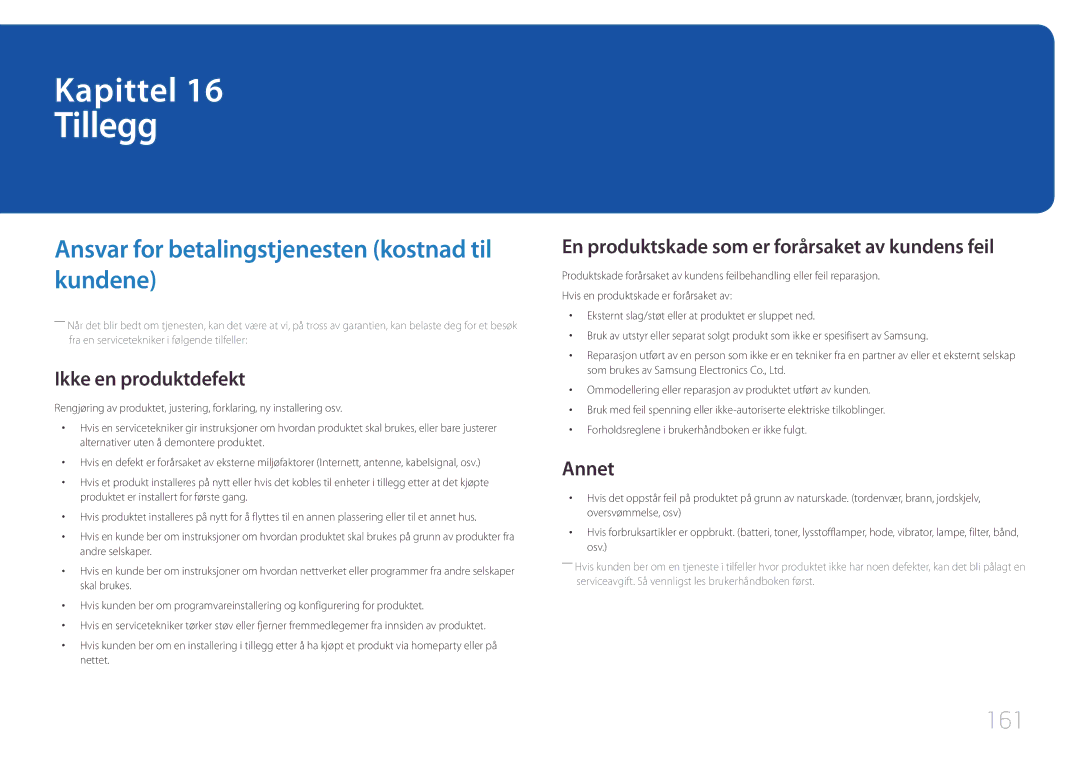 Samsung LH10DBEPPBB/EN, LH10DBEPTGC/EN, LH10DBEPEBB/EN manual Tillegg, Ansvar for betalingstjenesten kostnad til kundene, 161 