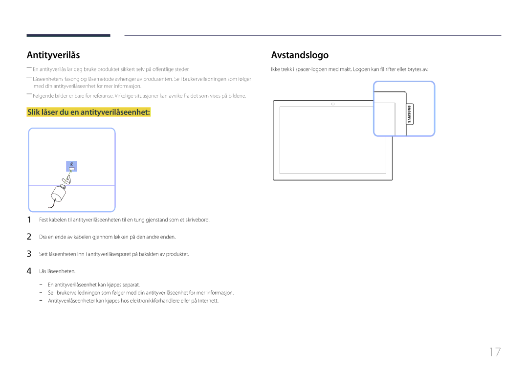 Samsung LH10DBEPPBB/EN, LH10DBEPTGC/EN, LH10DBEPEBB/EN manual Antityverilås, Slik låser du en antityverilåseenhet 