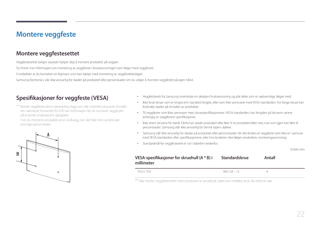 Samsung LH10DBEPEBB/EN Montere veggfestesettet, Spesifikasjoner for veggfeste Vesa, Standardskrue Antall Millimeter 