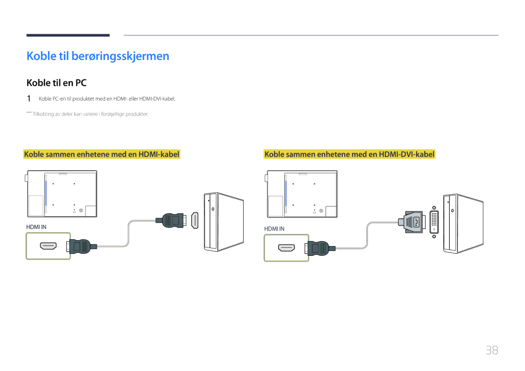 Samsung LH10DBEPPBB/EN manual Koble til berøringsskjermen, Koble til en PC, Koble sammen enhetene med en HDMI-kabel 